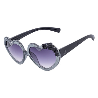 GLITTER HEART - Kids Small Glitter Heart Shaped Sunglasses Gray Lavender