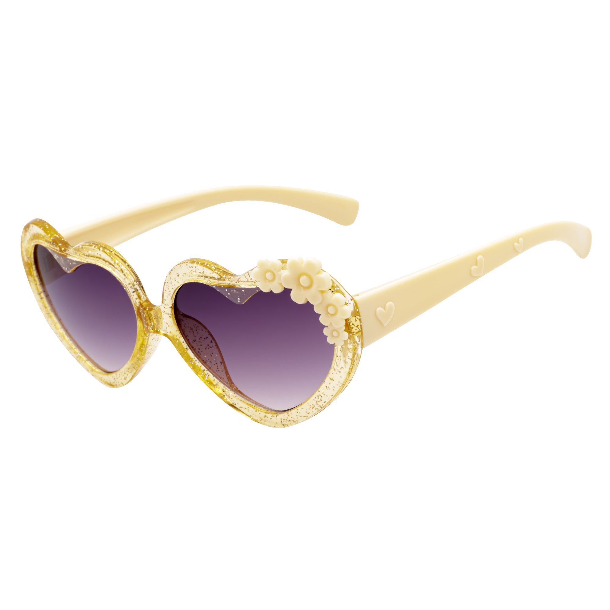 GLITTER HEART - Kids Small Glitter Heart Shaped Sunglasses Tan Lavender