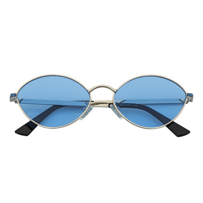 GROOVE - Retro Small Metal Round Oval Sunglasses Silver Blue Tint