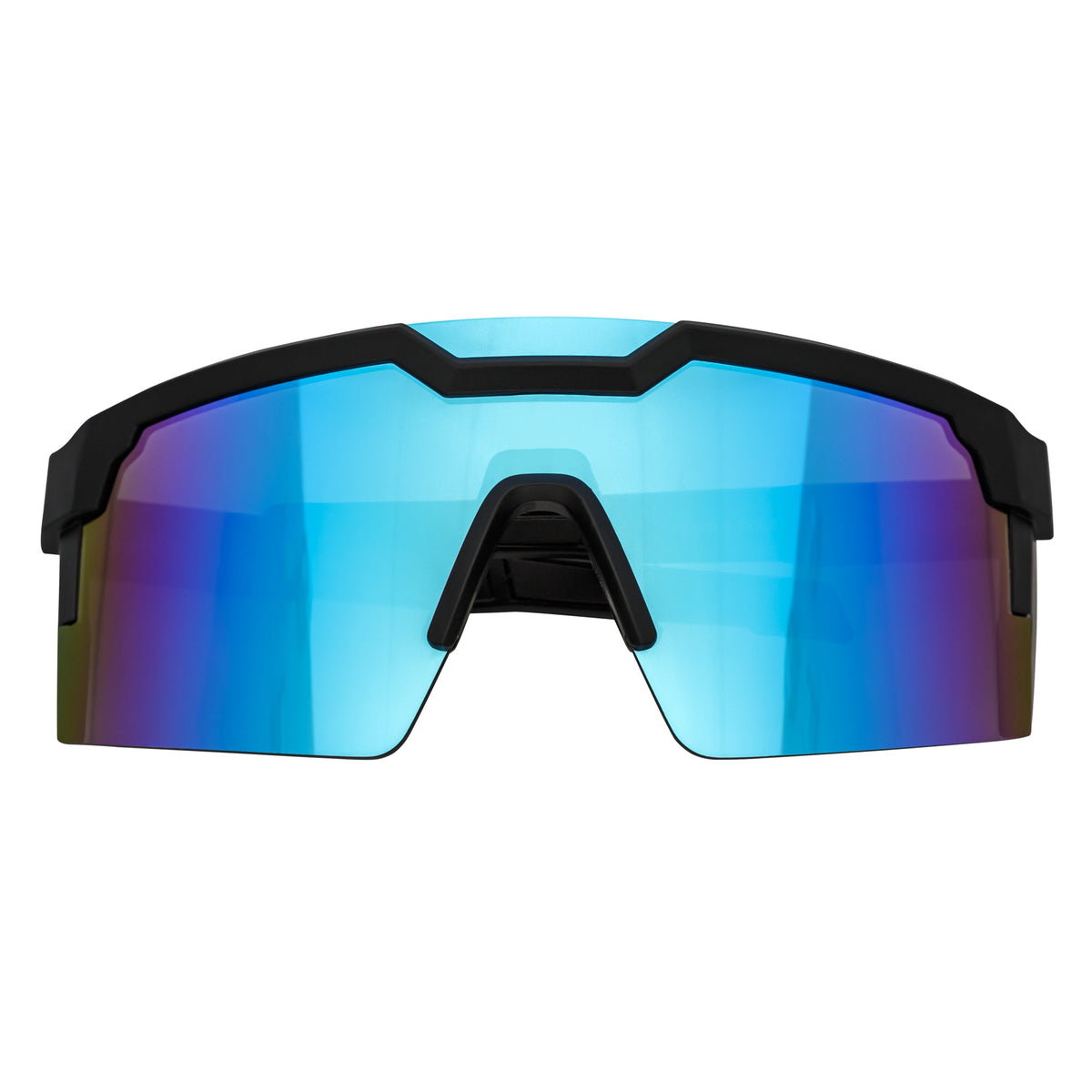 HITECH - Futuristic Rimless Shield Sunglasses Black - White Blue Mirror