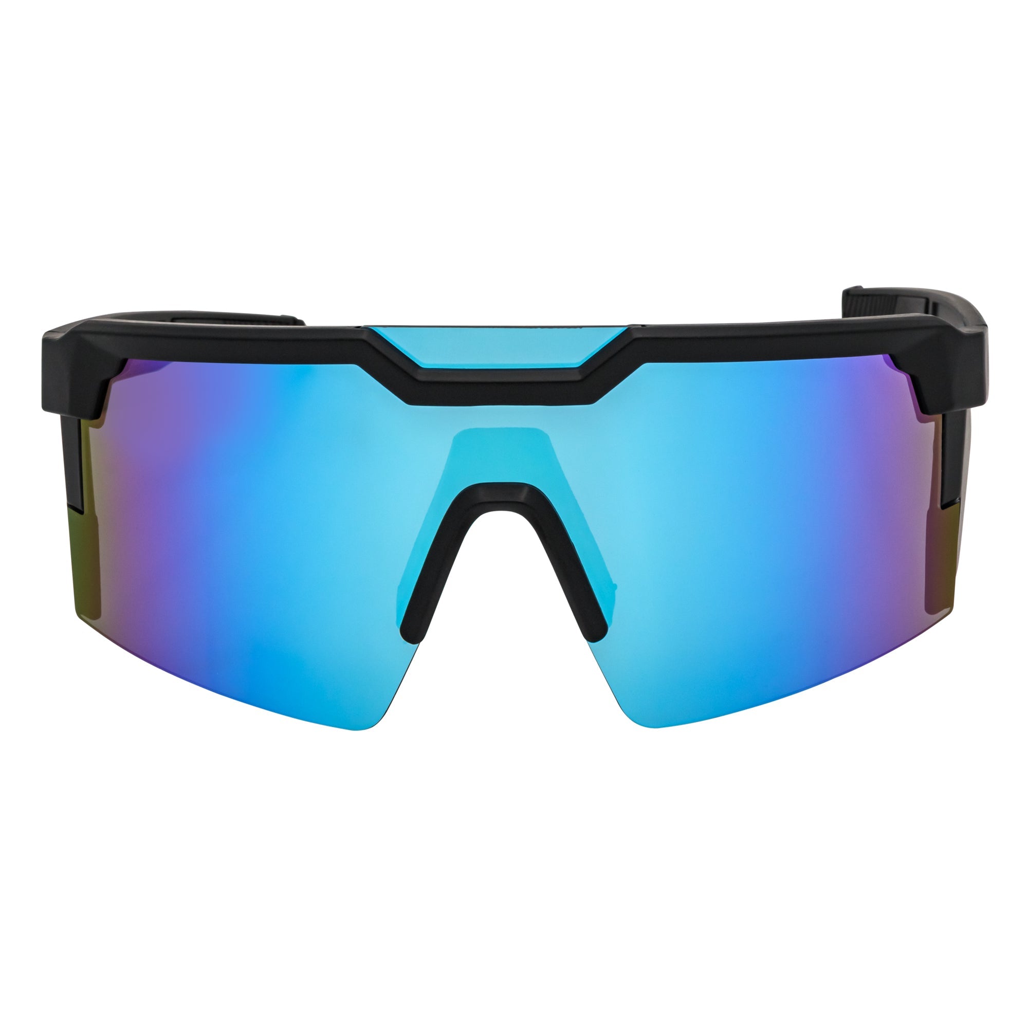 HITECH - Futuristic Rimless Shield Sunglasses Black - White Blue Mirror