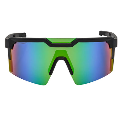 HITECH - Large Futuristic Rimless Shield Sunglasses Black Green Mirror