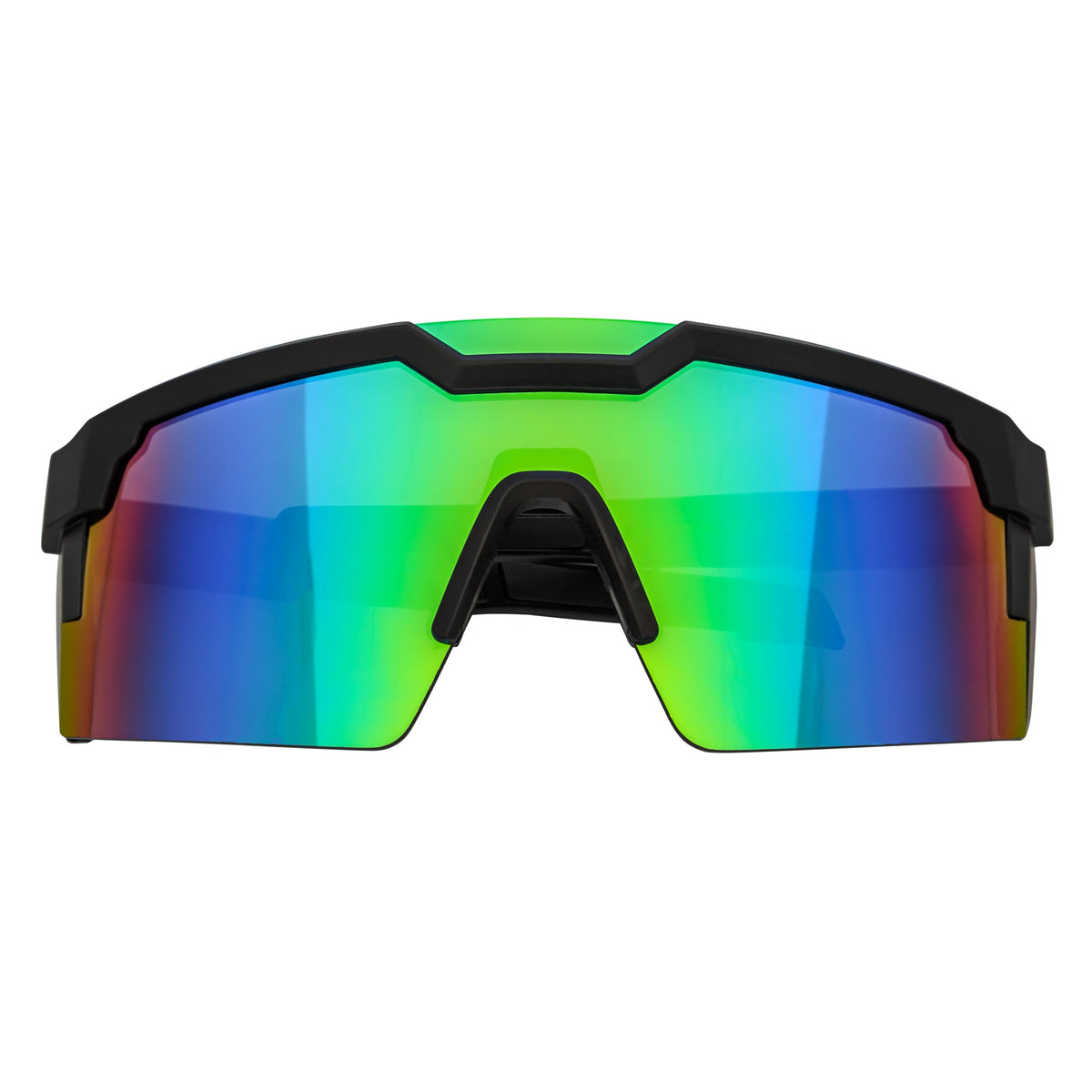 HITECH - Large Futuristic Rimless Shield Sunglasses Black Green Mirror