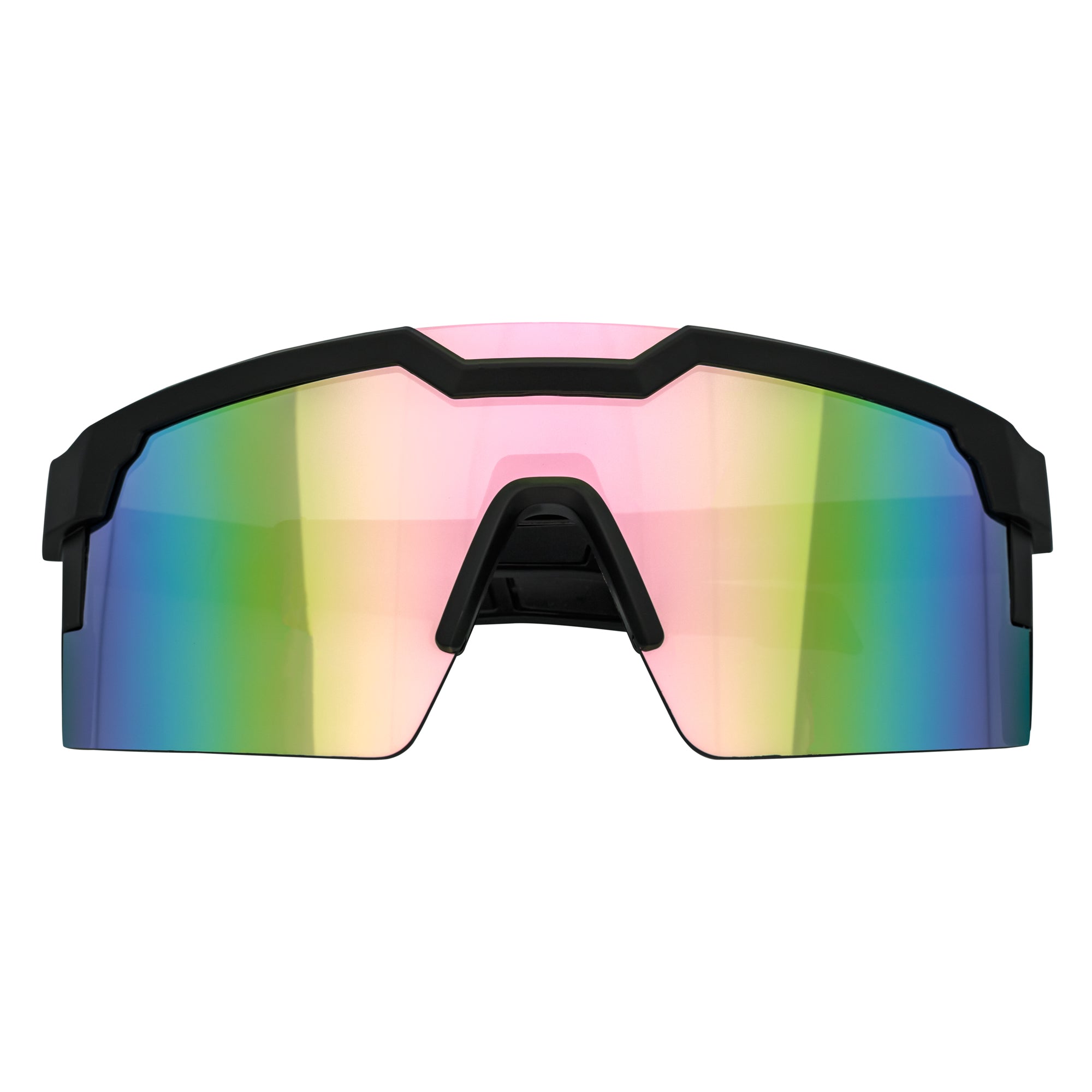 HITECH - Large Futuristic Rimless Shield Sunglasses Black Pink Mirror Lens