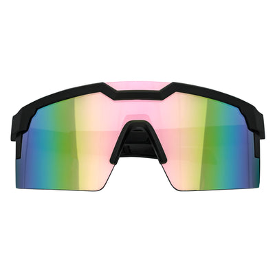 HITECH - Large Futuristic Rimless Shield Sunglasses Black Pink Mirror Lens