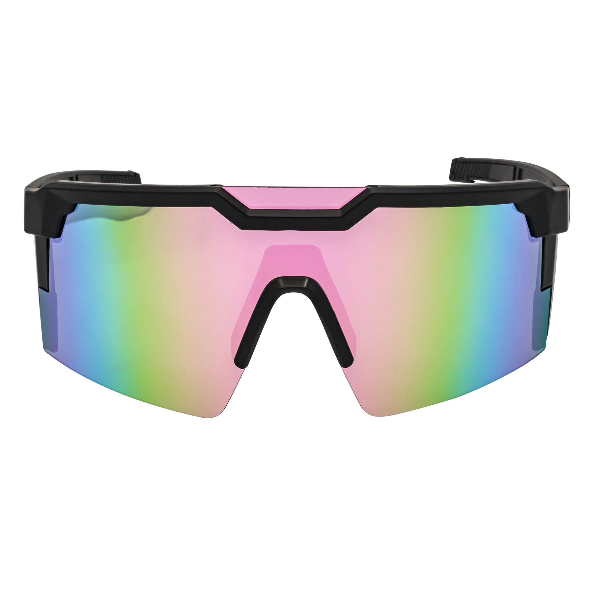 HITECH - Large Futuristic Rimless Shield Sunglasses Black Pink Mirror Lens