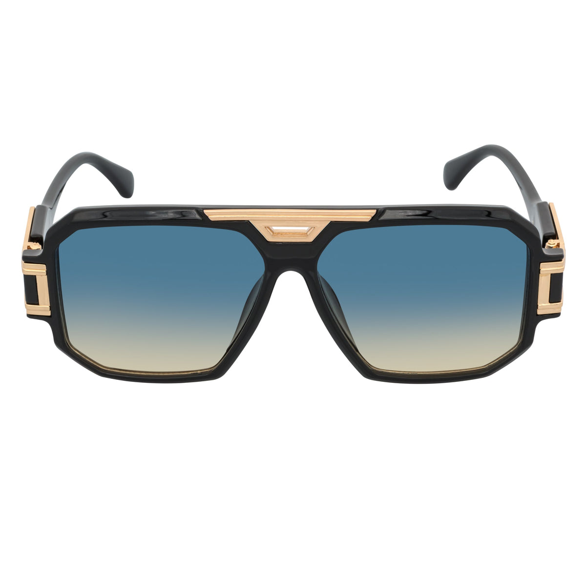 LEGEND - Retro Flat Top Square Sunglasses Black Green - Amber Fade
