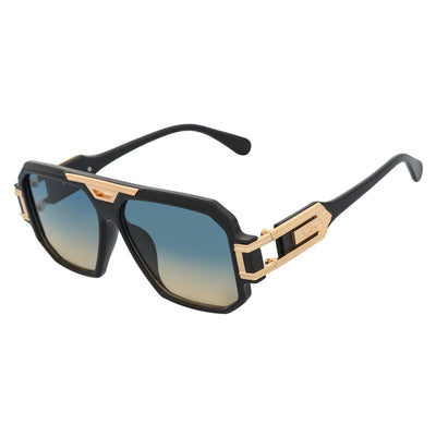 LEGEND - Retro Flat Top Square Sunglasses Black Green - Amber Fade