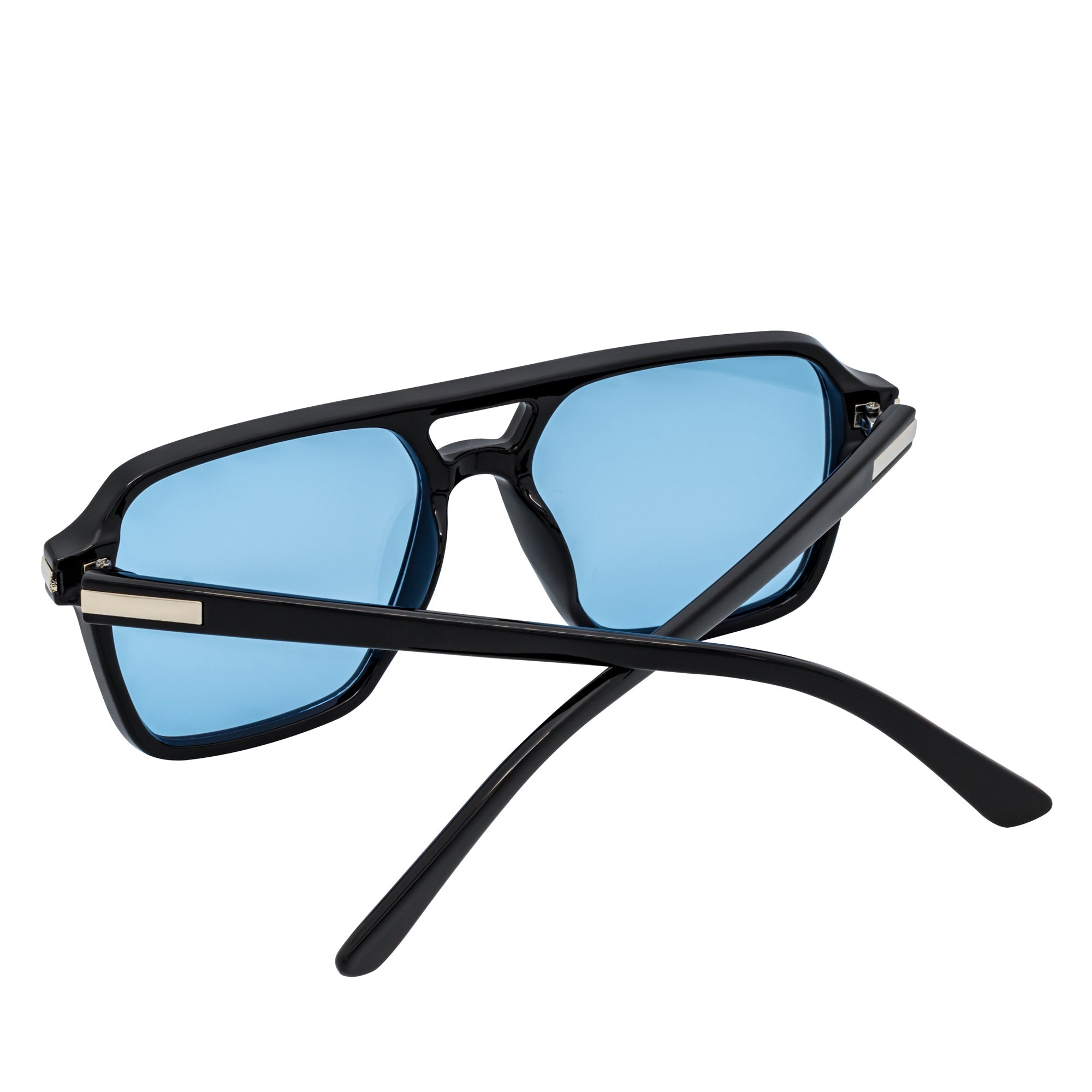 LUCCA - Classic Flat Top Square Aviator Black Sunglasses Blue Lens