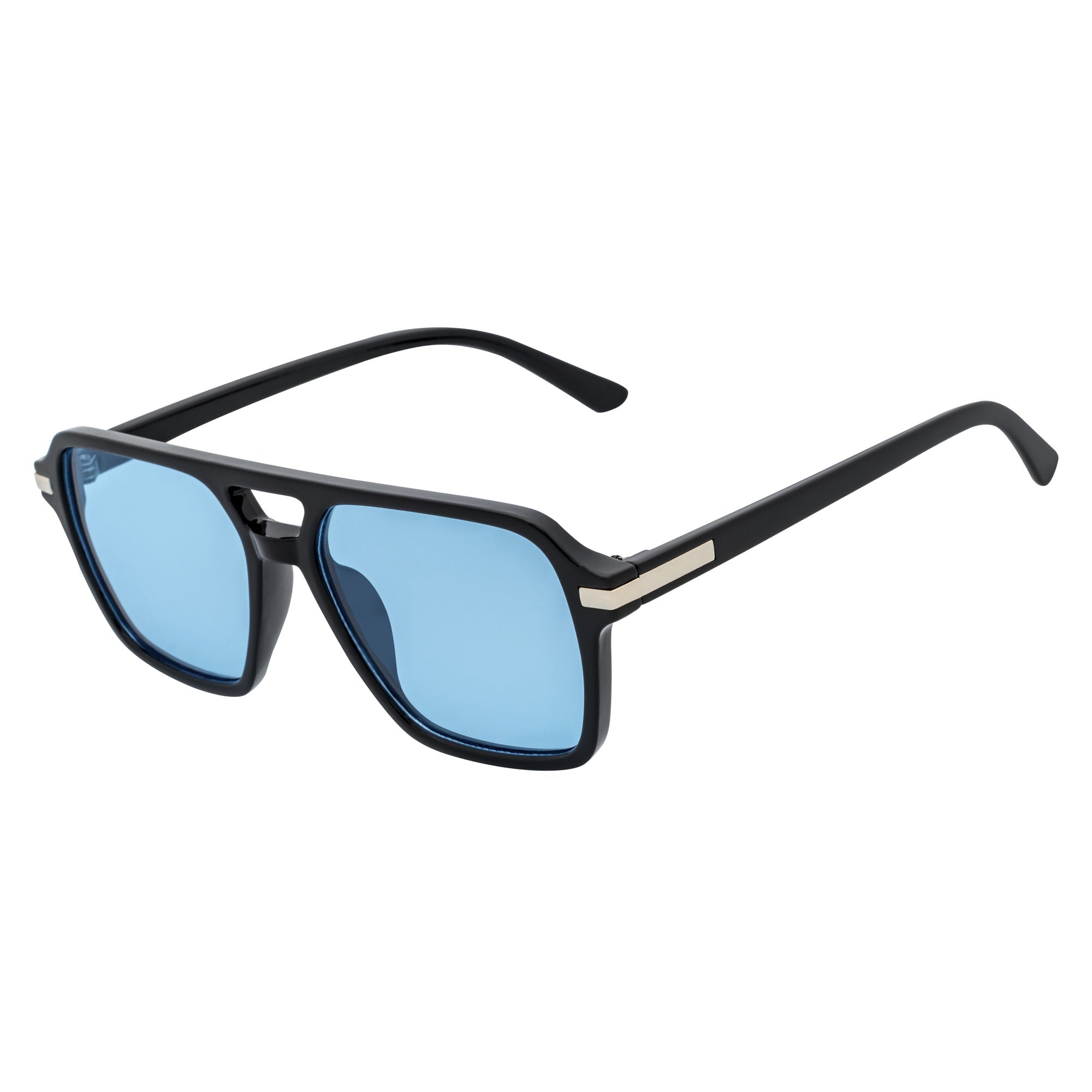 LUCCA - Classic Flat Top Square Aviator Black Sunglasses Blue Lens