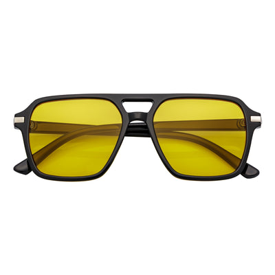 LUCCA - Classic Flat Top Square Aviator Black Sunglasses Yellow Lens