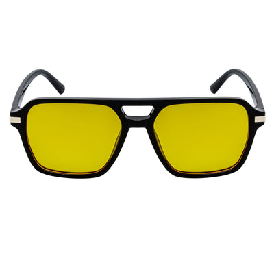 LUCCA - Classic Flat Top Square Aviator Black Sunglasses Yellow Lens