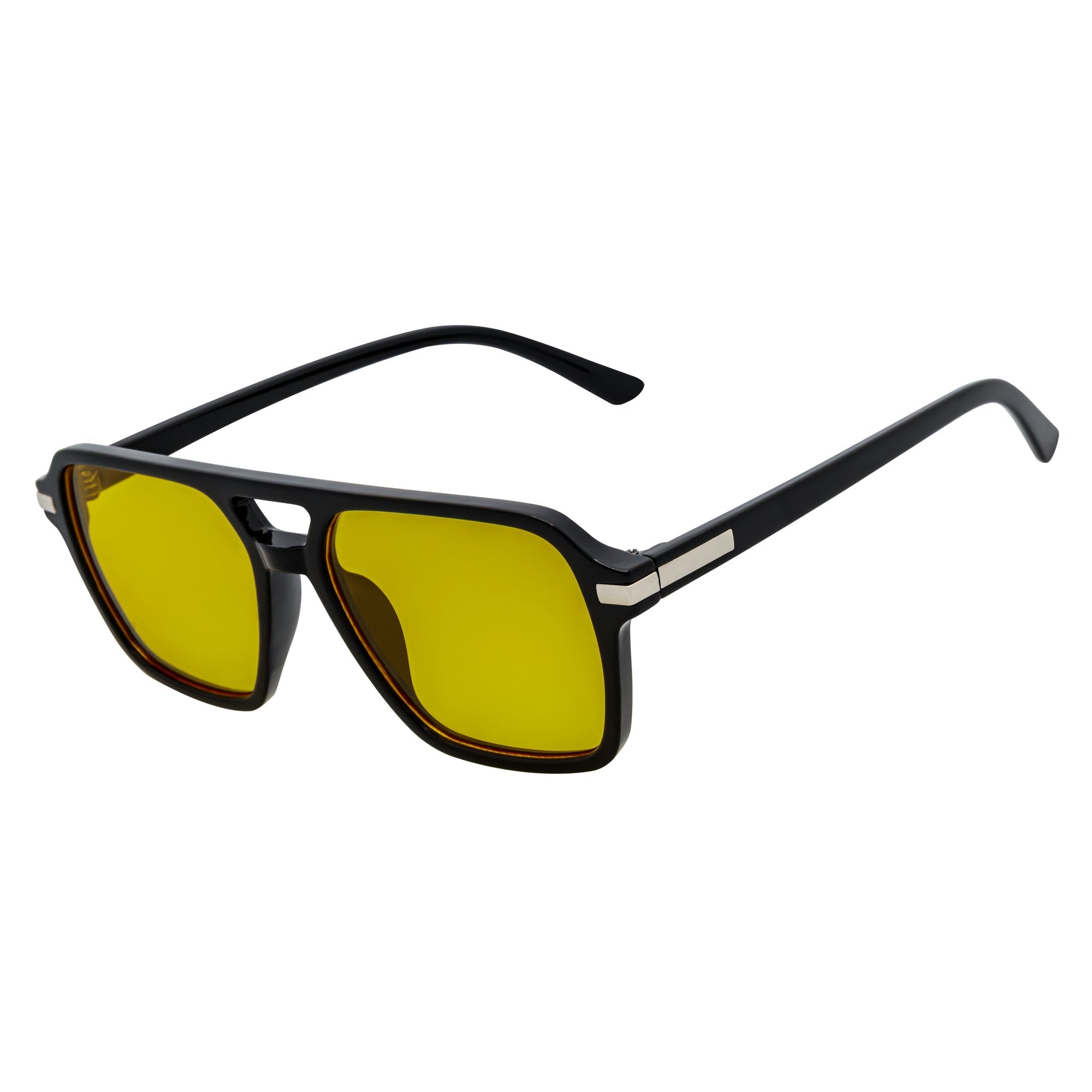 LUCCA - Classic Flat Top Square Aviator Black Sunglasses Yellow Lens