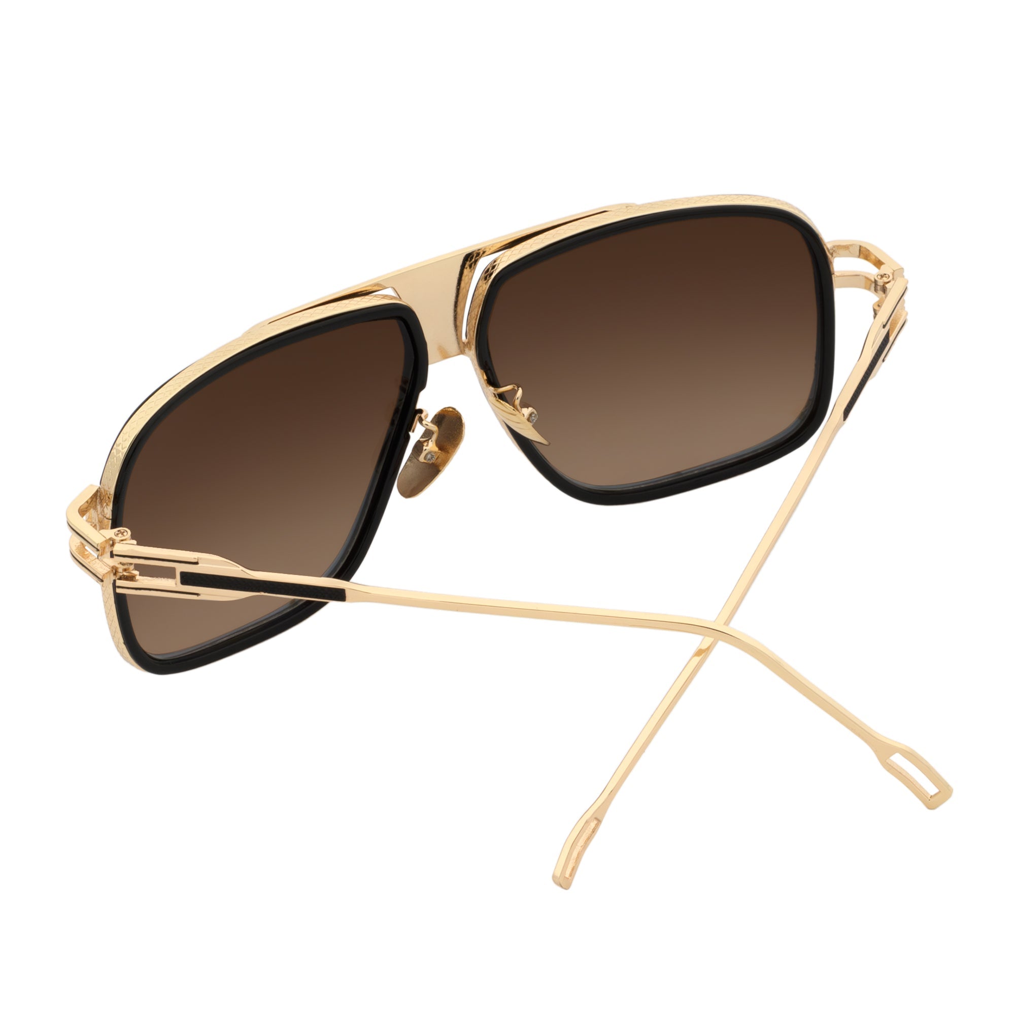 MAC - Two - Tone Square Metal Aviator Black - Gold Sunglasses Blue Mirror Lens