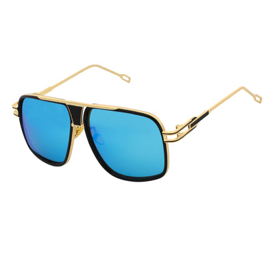MAC - Two - Tone Square Metal Aviator Black - Gold Sunglasses Blue Mirror Lens