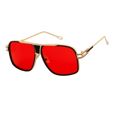 MAC - Two - Tone Square Metal Aviator Black - Gold Sunglasses Red Lens