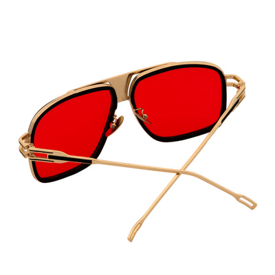 MAC - Two - Tone Square Metal Aviator Black - Gold Sunglasses Red Lens