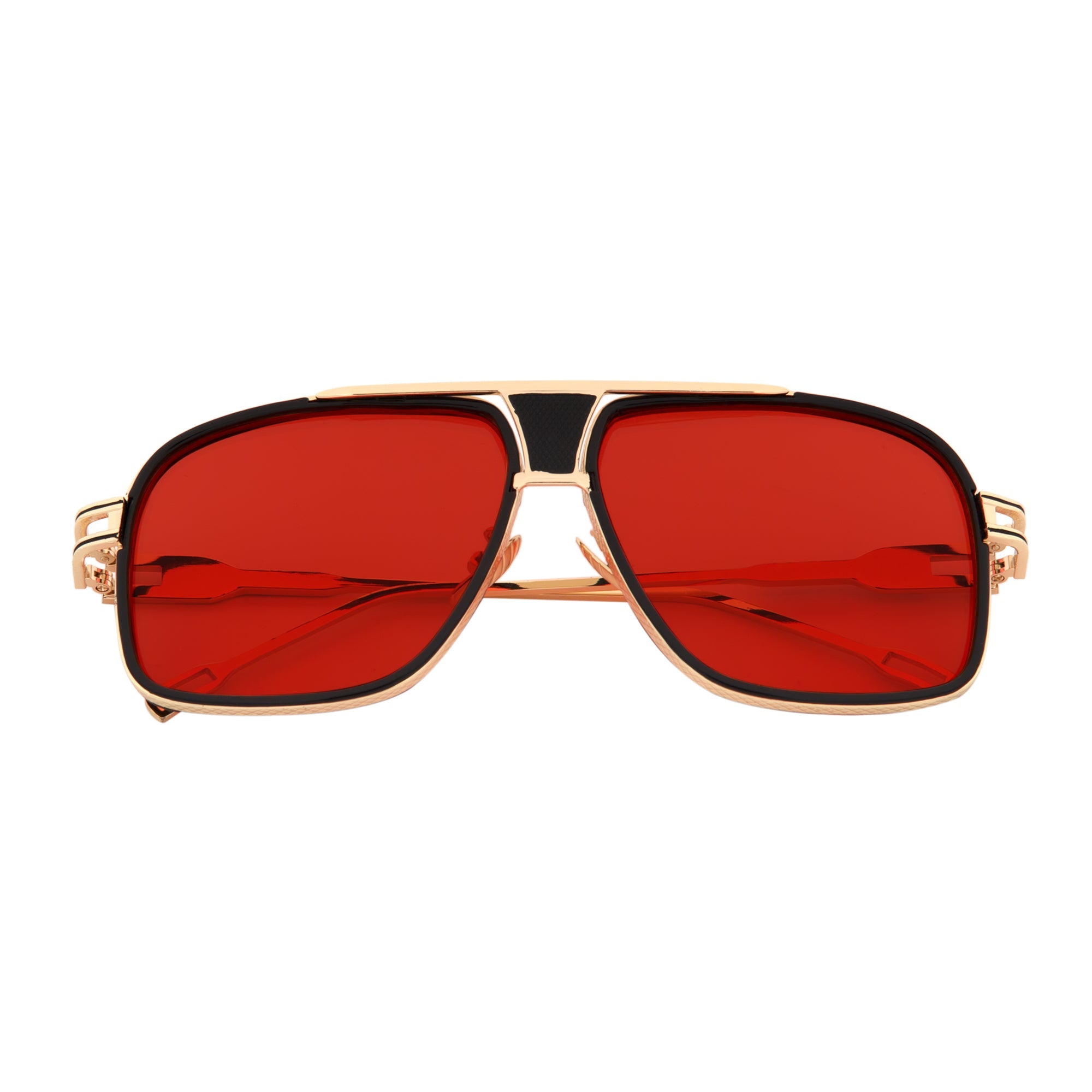 MAC - Two - Tone Square Metal Aviator Black - Gold Sunglasses Red Lens