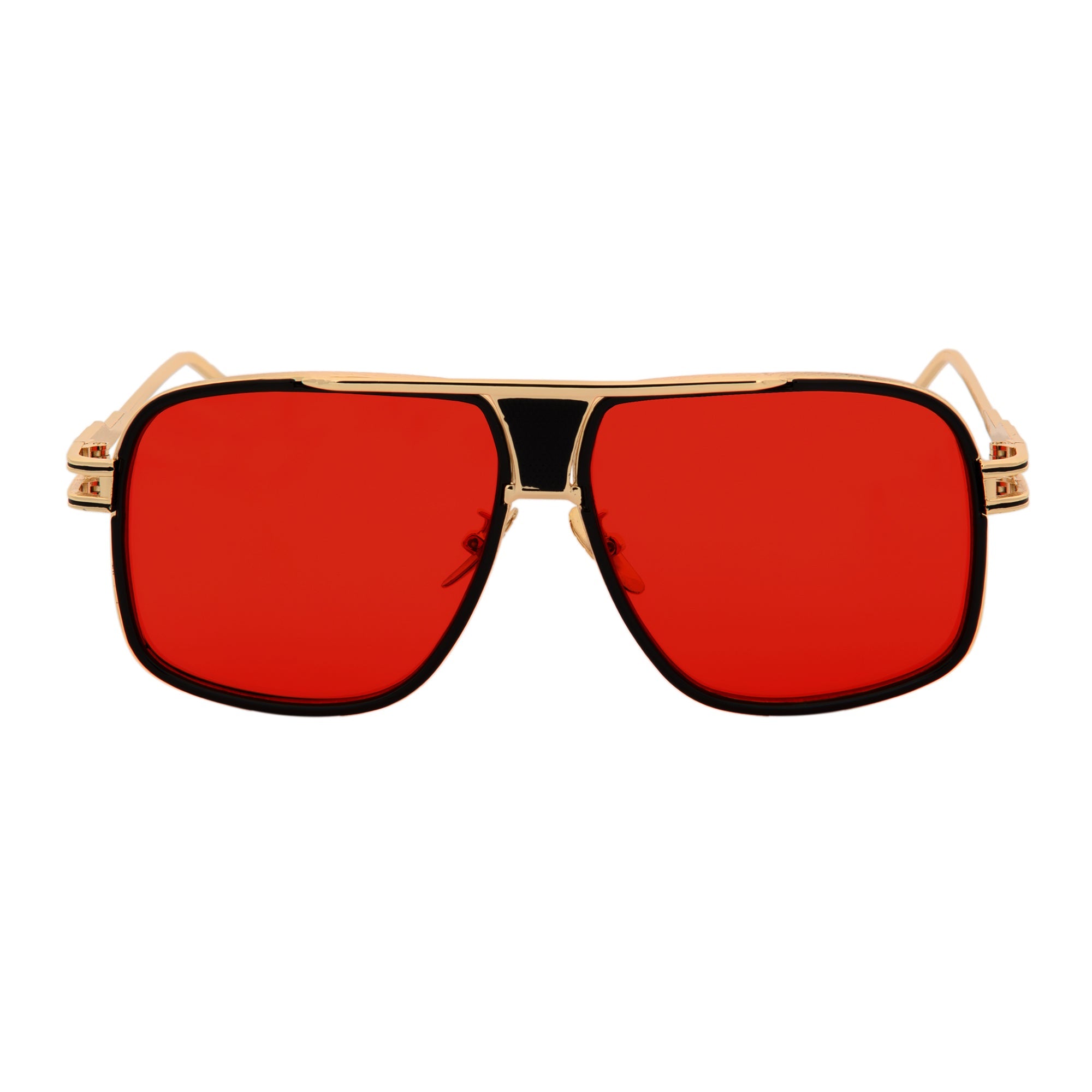 MAC - Two - Tone Square Metal Aviator Black - Gold Sunglasses Red Lens