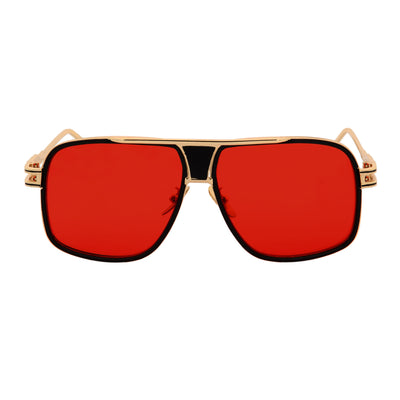 MAC - Two - Tone Square Metal Aviator Black - Gold Sunglasses Red Lens
