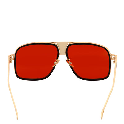 MAC - Two - Tone Square Metal Aviator Black - Gold Sunglasses Red Lens