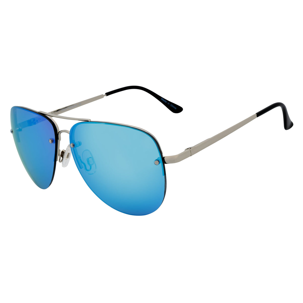 MIRAMAR - Flex Hinge Rimless Metal Aviator Sunglasses Silver Blue-Mirror