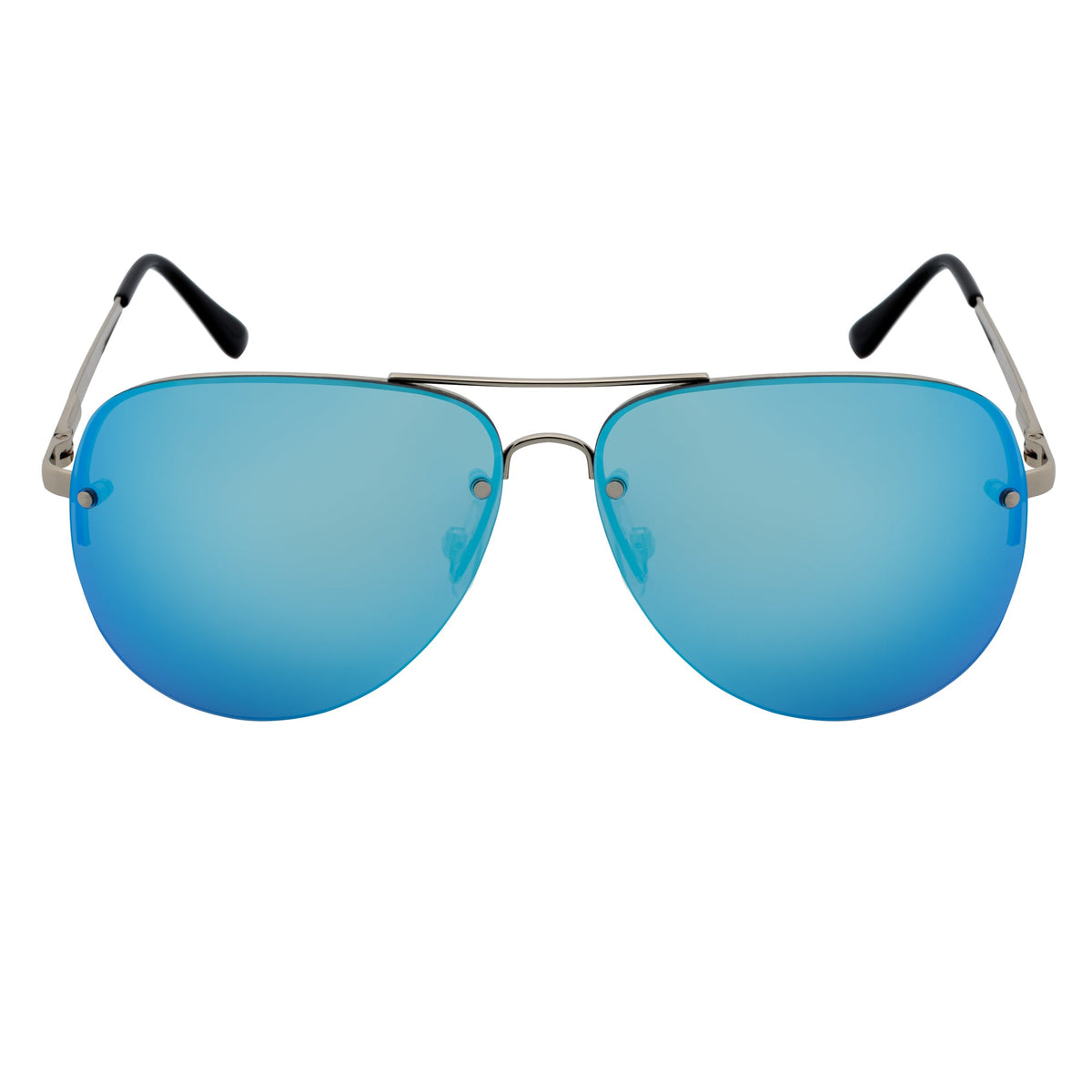 MIRAMAR - Flex Hinge Rimless Metal Aviator Sunglasses Silver Blue-Mirror