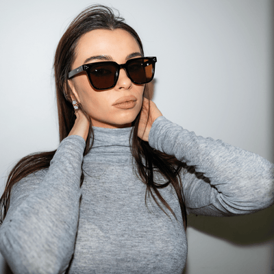 MONDO - High Fashion Square Horn Rimmed Sunglasses Black Brown Tint