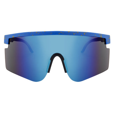 MONOLITH - X - Large Rimless Sports Shield Sunglasses Black Yellow - Blue Mirror