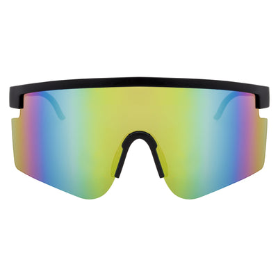 MONOLITH - X - Large Rimless Sports Shield Sunglasses Matte Black Rainbow Mirror