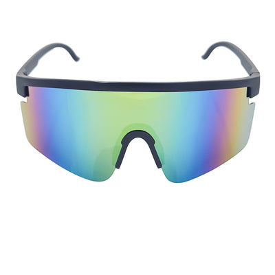 MONOLITH - X - Large Rimless Sports Shield Sunglasses Matte Black Rainbow Mirror
