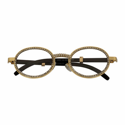 BLING ONE - Rhinestone Retro 90s Metal Round Oval Glasses Gold Clear Lens - MorspecsM1031-4