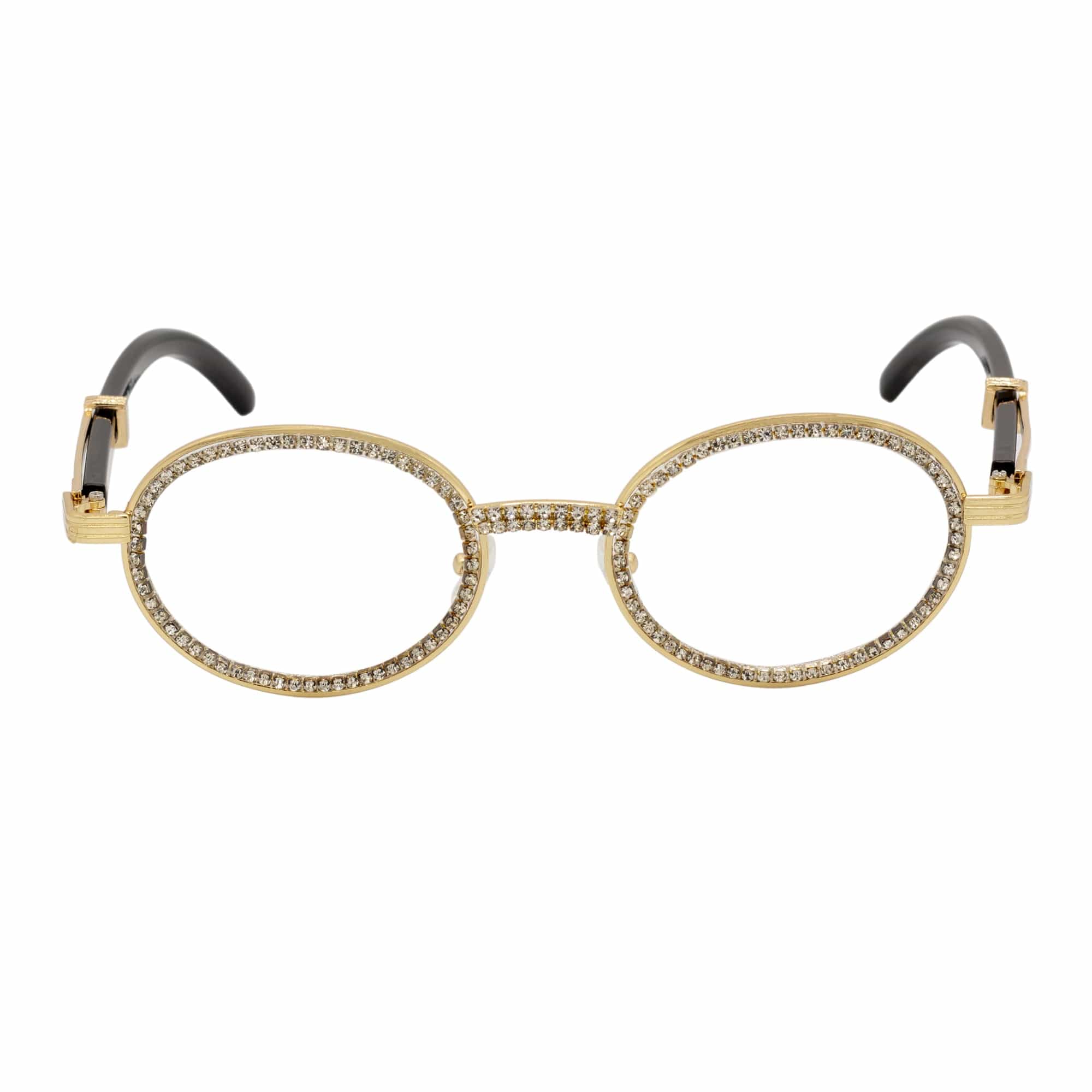 BLING ONE - Rhinestone Retro 90s Metal Round Oval Glasses Gold Clear Lens