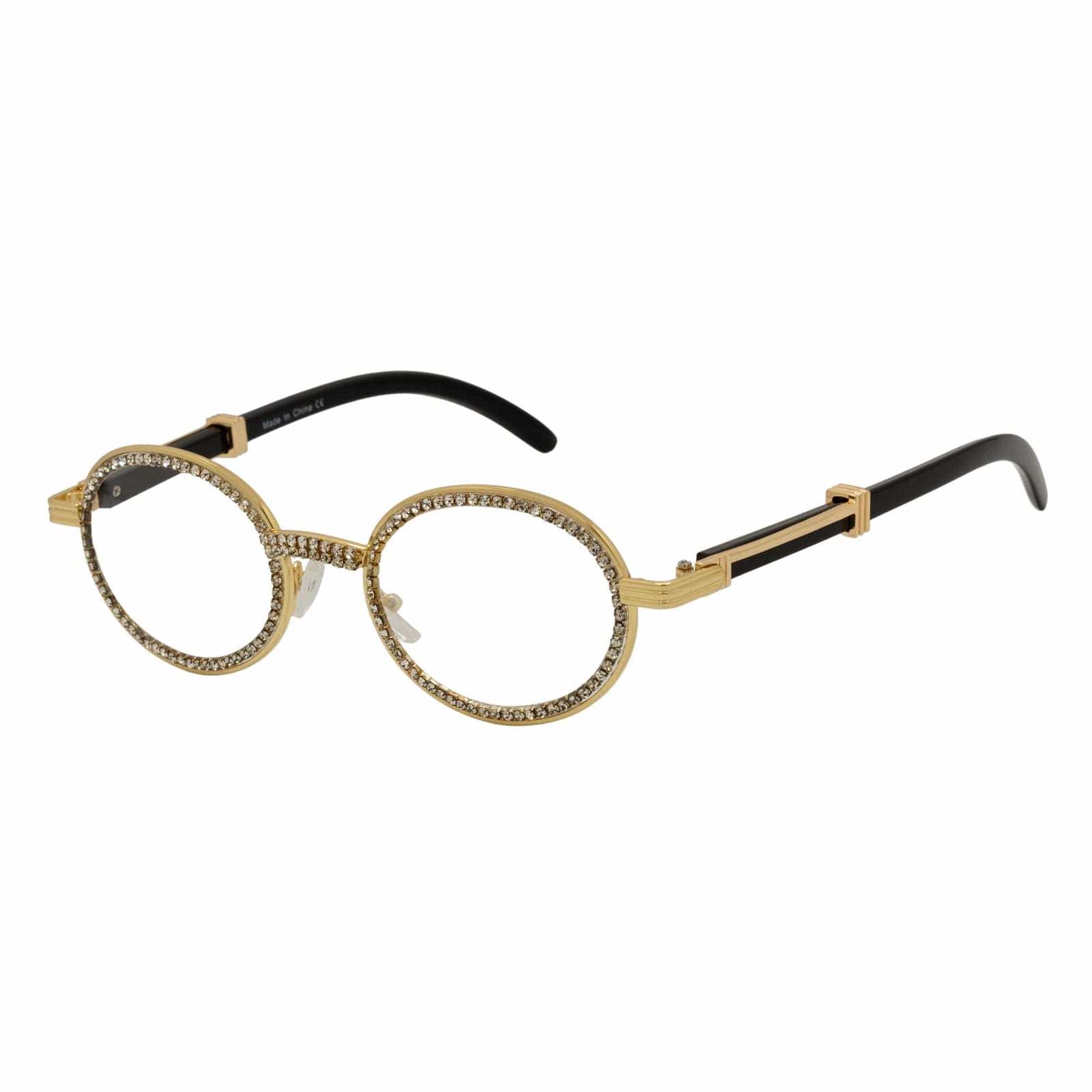 BLING ONE - Rhinestone Retro 90s Metal Round Oval Glasses Gold Clear Lens - MorspecsM1031-4