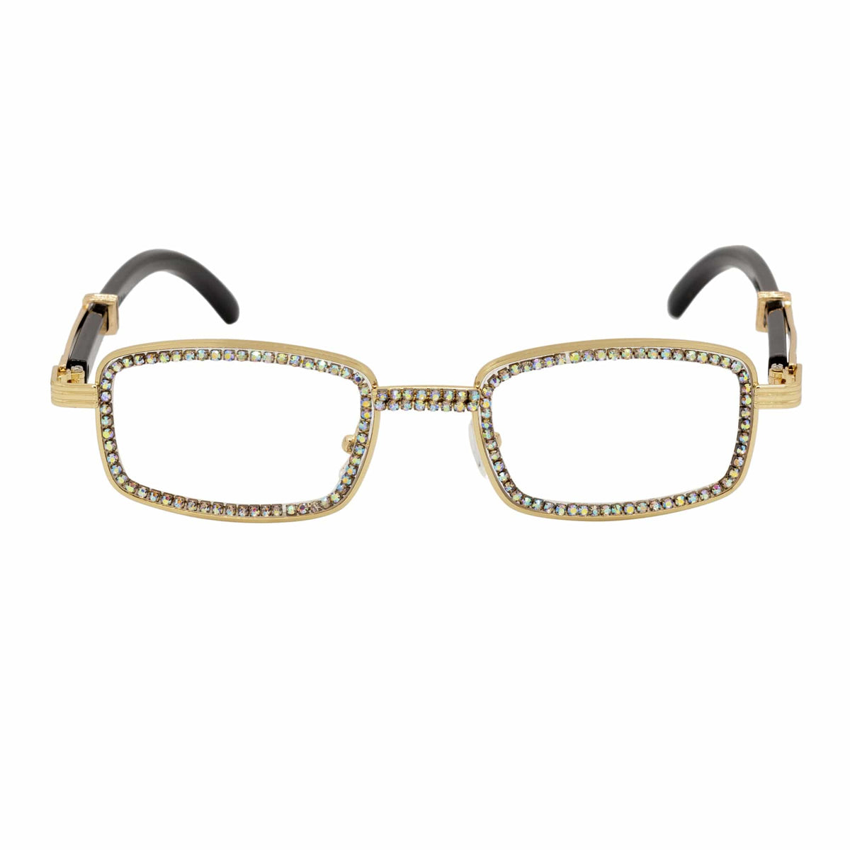 BLING TWO - Rhinestone Retro 90s Metal Rectangle Glasses Gold Clear Lens