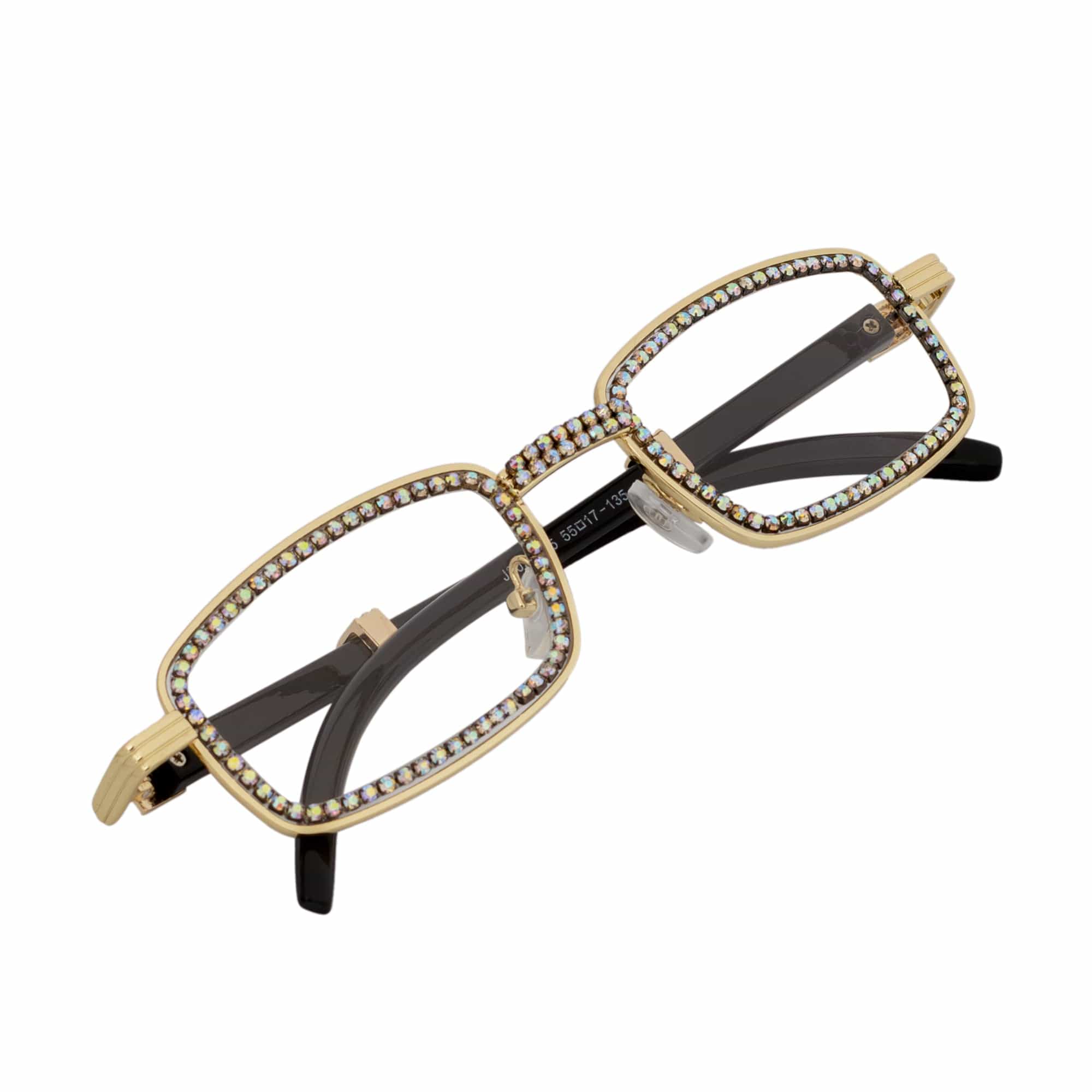 BLING TWO - Rhinestone Retro 90s Metal Rectangle Glasses Gold Clear Lens