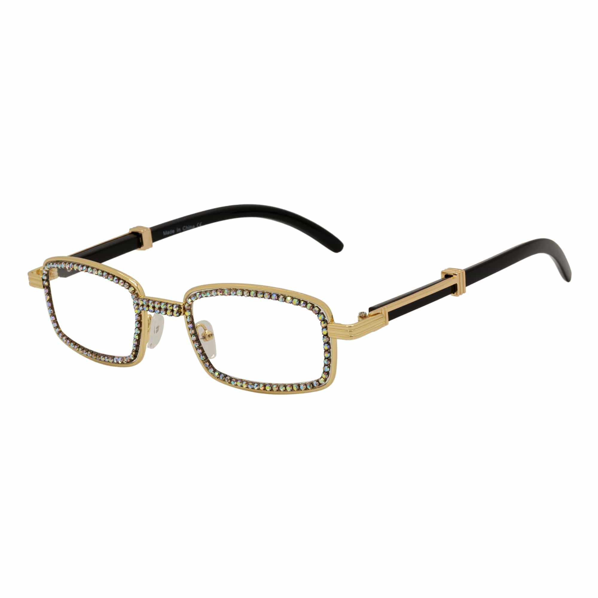 BLING TWO - Rhinestone Retro 90s Metal Rectangle Glasses Gold Clear Lens