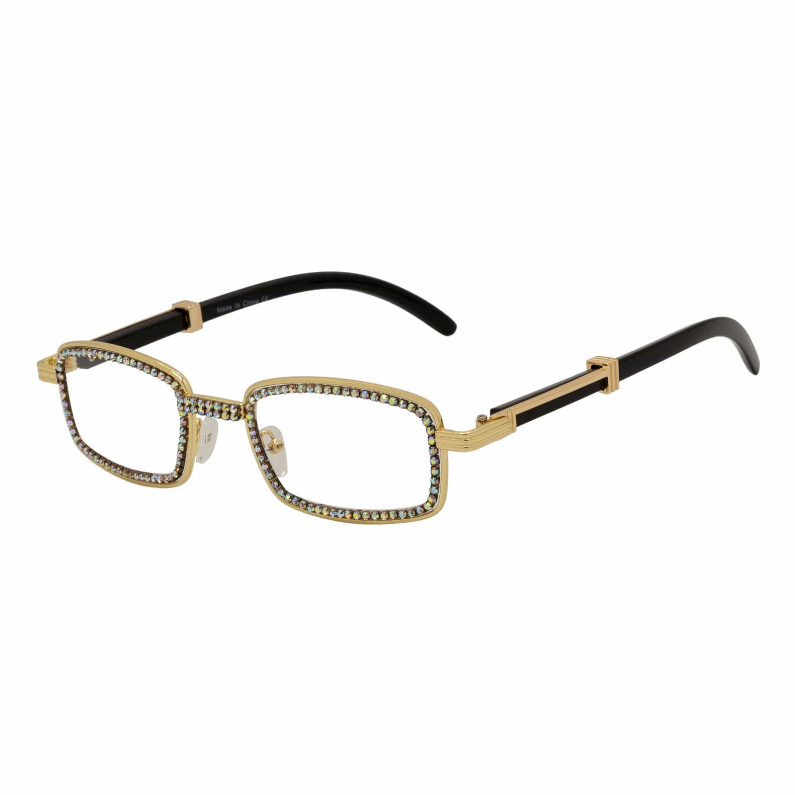 BLING TWO - Rhinestone Retro 90s Metal Rectangle Glasses Gold Clear Lens