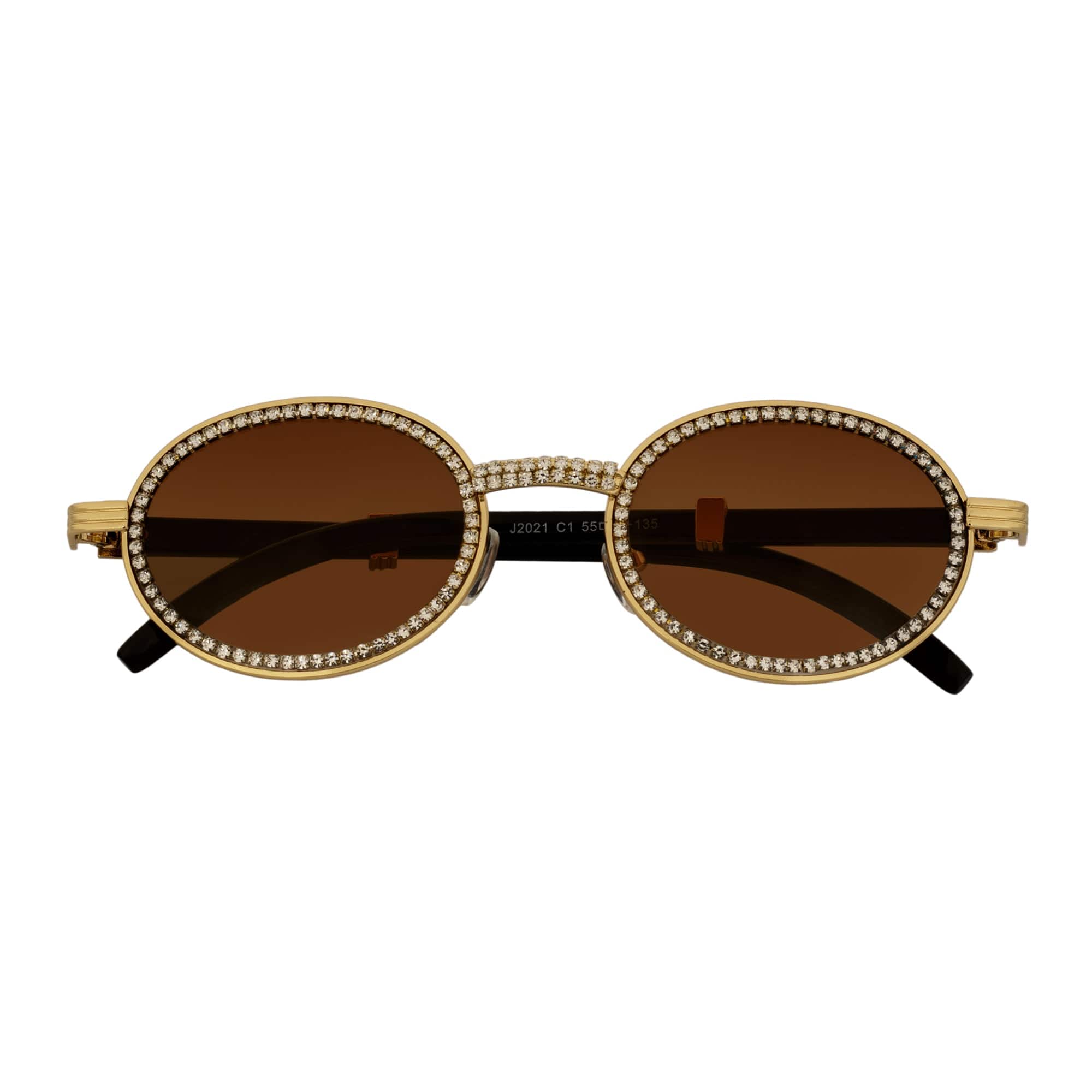 BLING ONE - Rhinestone Retro 90s Round Metal Oval Sunglasses Gold Amber