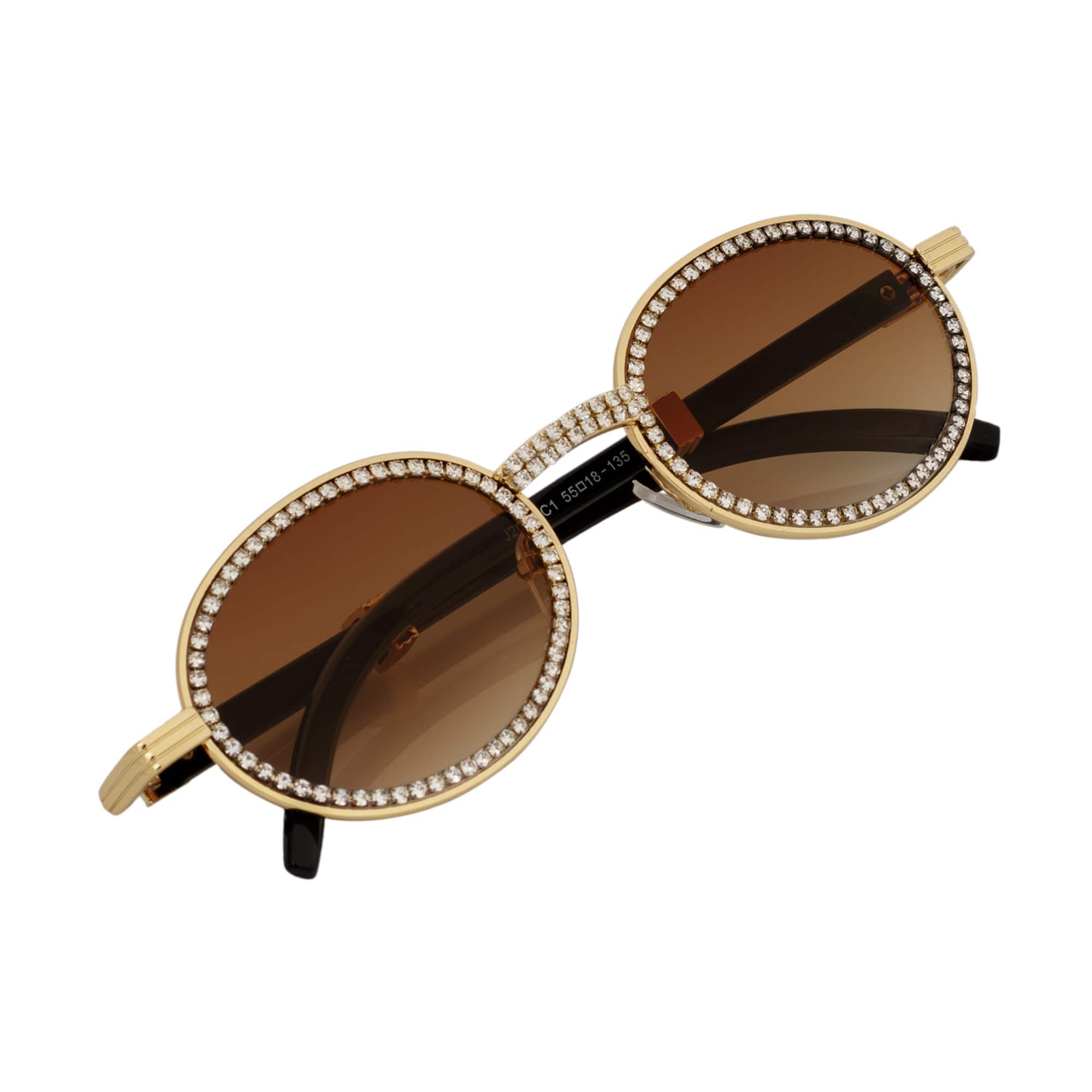 BLING ONE - Rhinestone Retro 90s Round Metal Oval Sunglasses Gold Amber