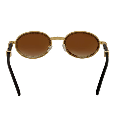 BLING ONE - Rhinestone Retro 90s Round Metal Oval Sunglasses Gold Amber