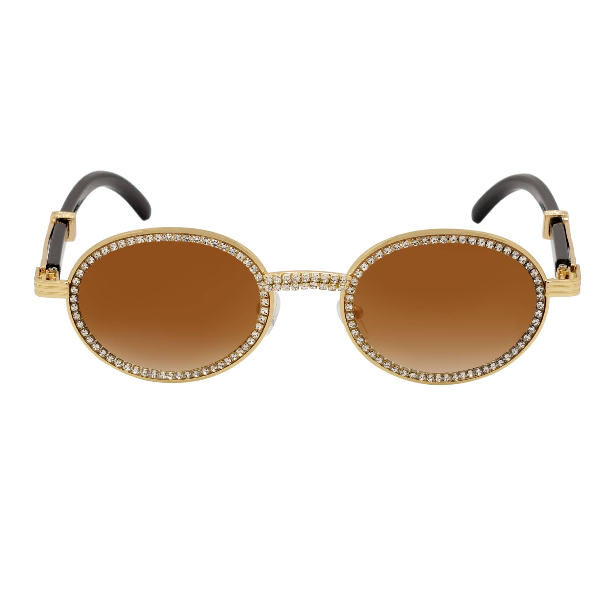 BLING ONE - Rhinestone Retro 90s Round Metal Oval Sunglasses Gold Amber