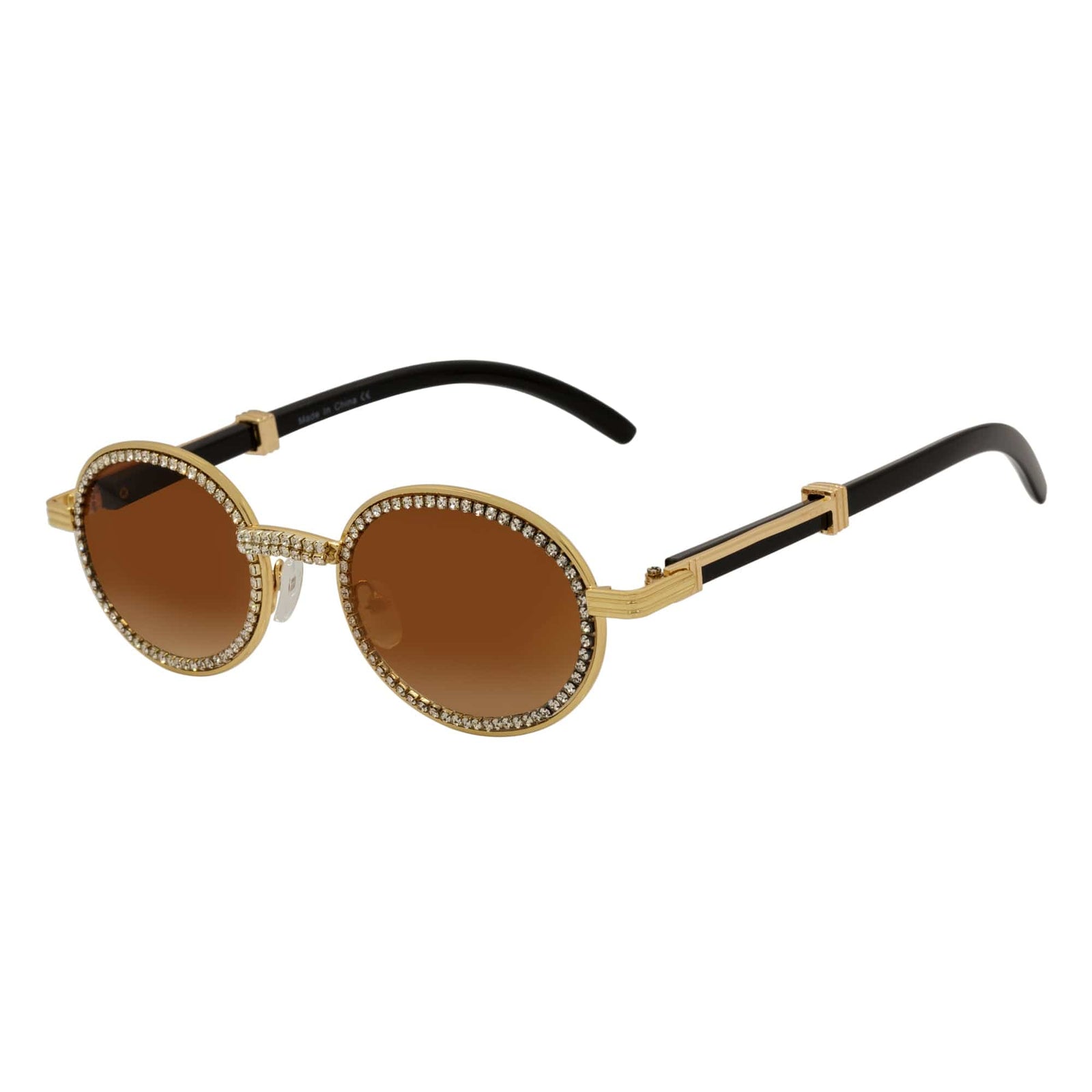 BLING ONE - Rhinestone Retro 90s Round Metal Oval Sunglasses Gold Amber