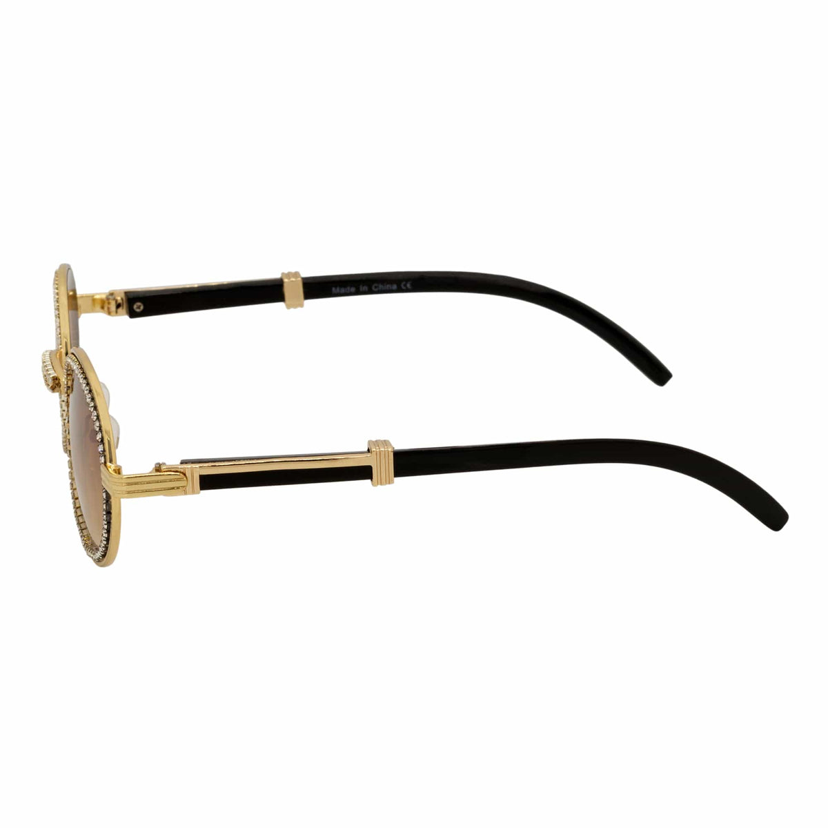 BLING ONE - Rhinestone Retro 90s Round Metal Oval Sunglasses Gold Amber