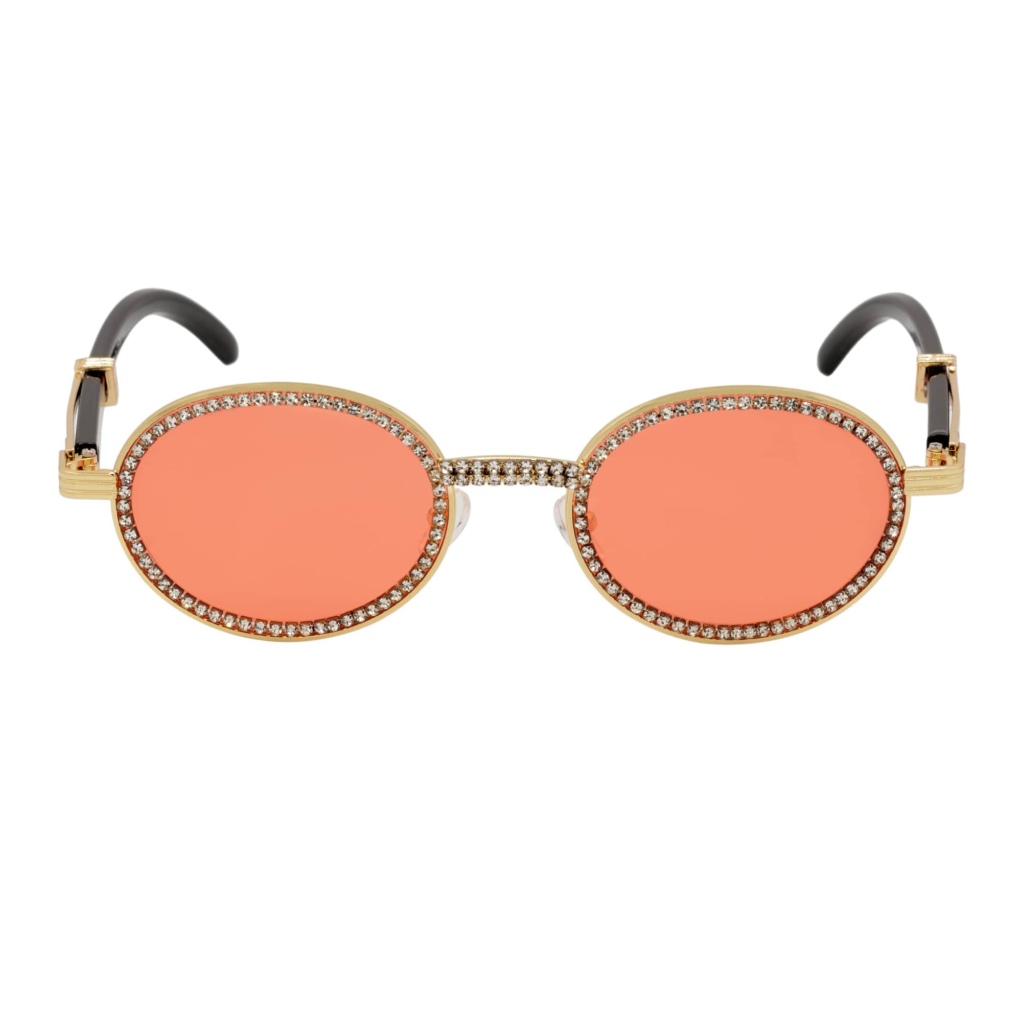 BLING ONE - Rhinestone Retro 90s Round Metal Oval Sunglasses Gold Red Tint