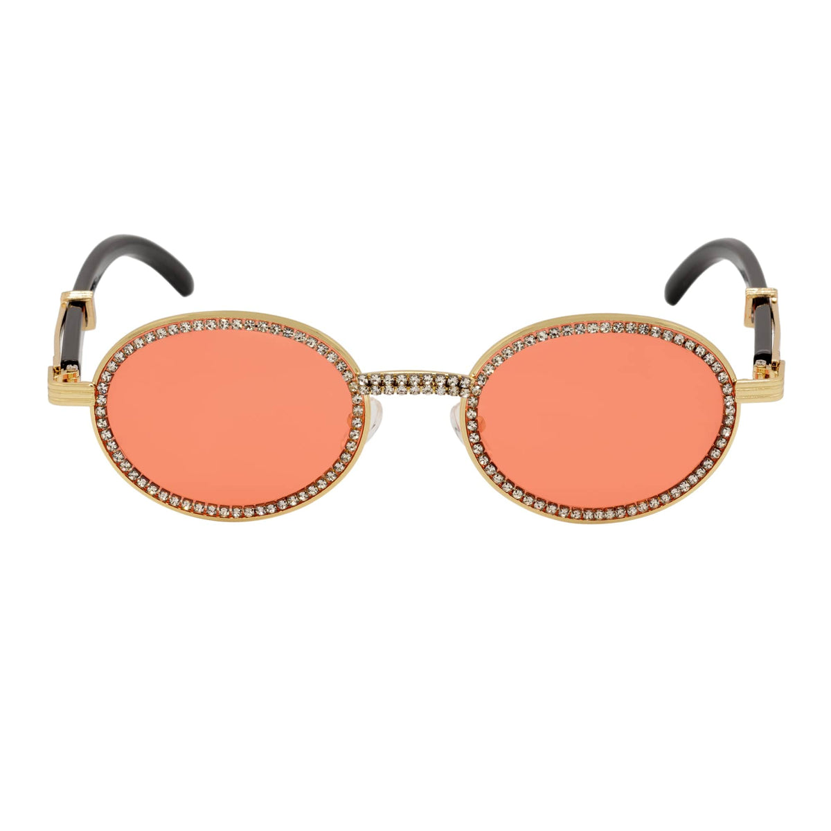 BLING ONE - Rhinestone Retro 90s Round Metal Oval Sunglasses Gold Red Tint