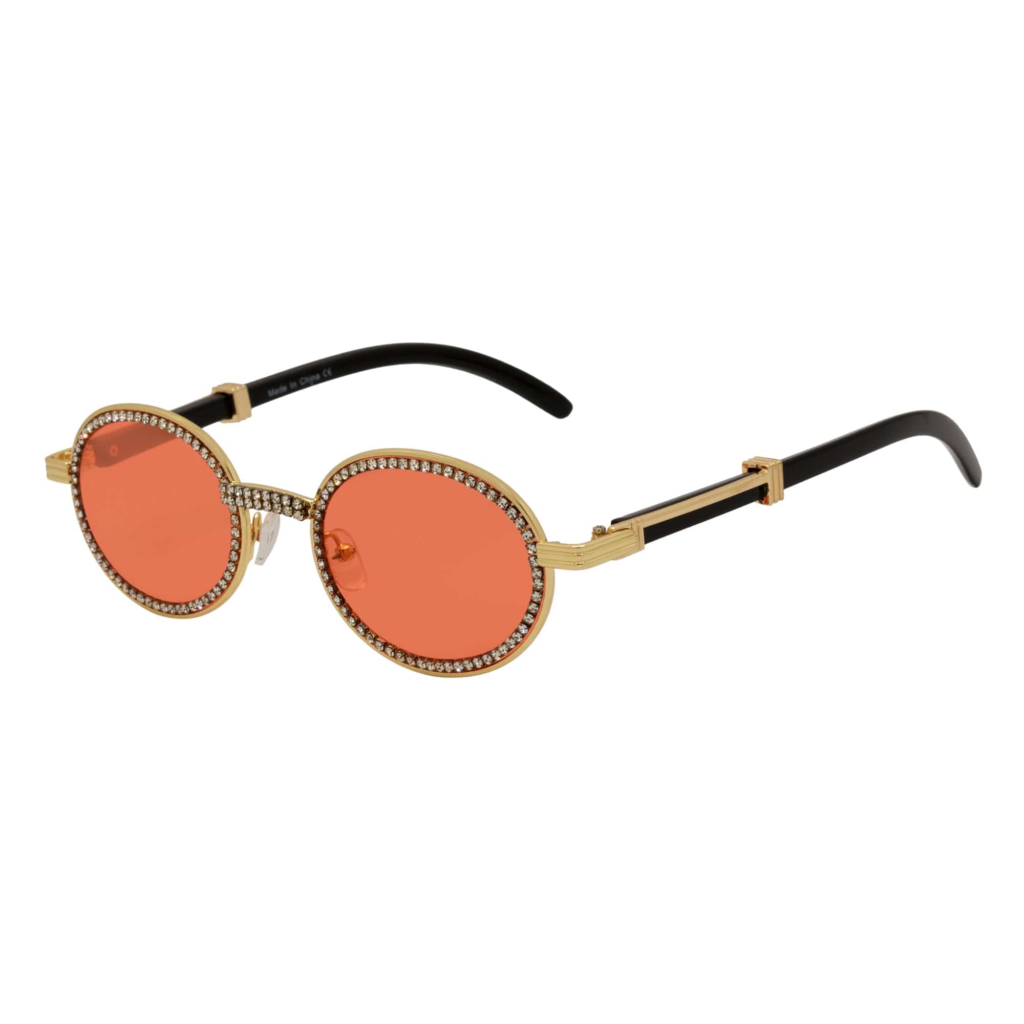 BLING ONE - Rhinestone Retro 90s Round Metal Oval Sunglasses Gold Red Tint