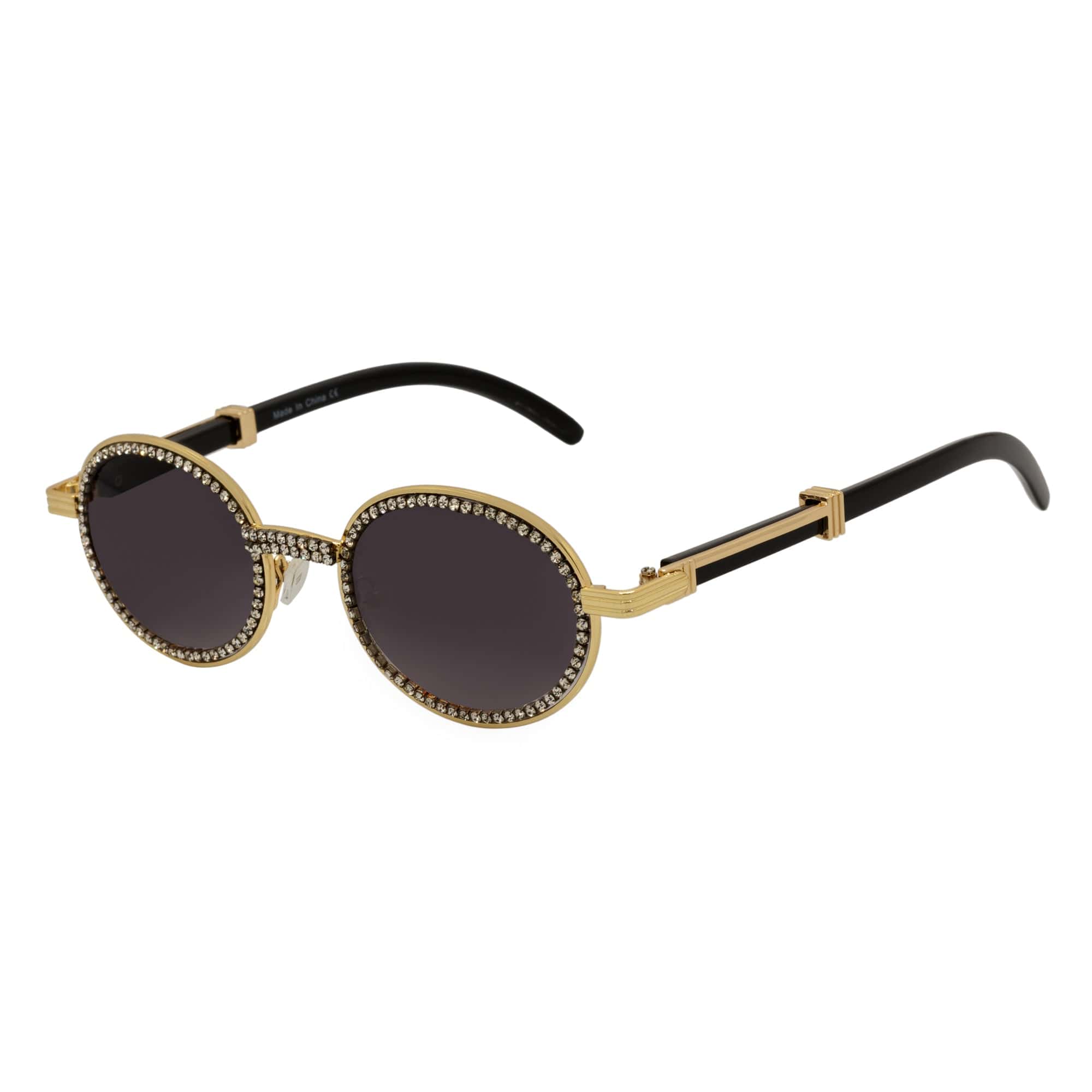 BLING ONE - Rhinestone Retro 90s Fashion Round Metal Oval Sunglasses Gold Smoke - MorspecsM1031-2