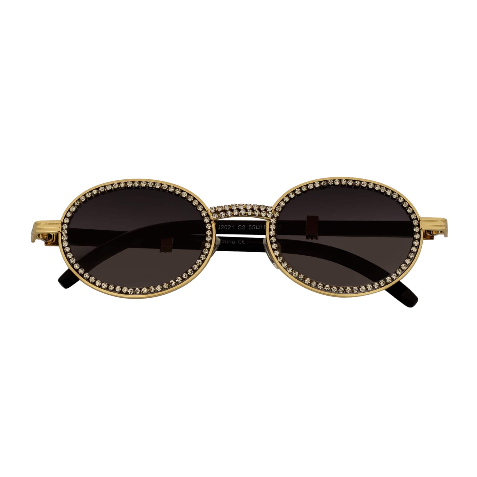 BLING ONE - Rhinestone Retro 90s Fashion Round Metal Oval Sunglasses Gold Smoke