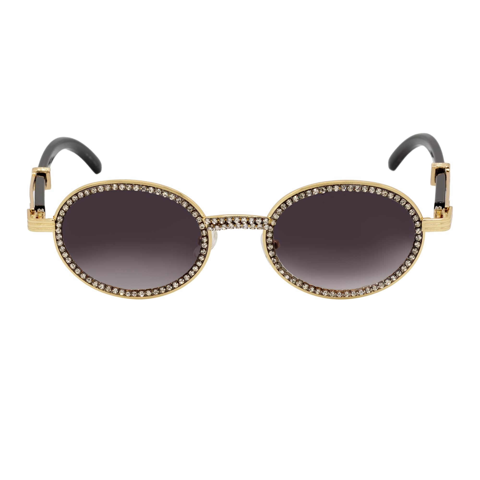 BLING ONE - Rhinestone Retro 90s Fashion Round Metal Oval Sunglasses Gold Smoke